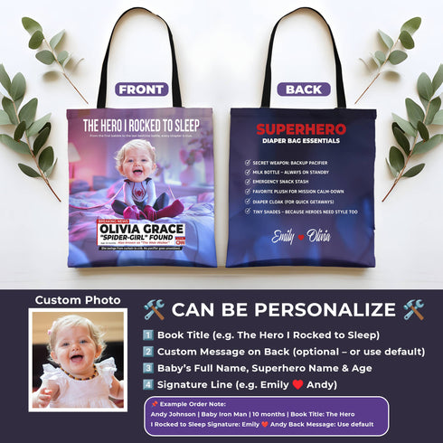 Personalized Baby Superhero Tote Bag – Custom Spider-Girl Gift with Name & Photo for Mom